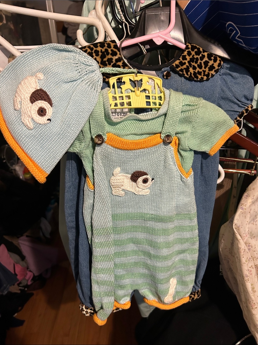 Zackali 4 Kids Mint Green Romper with Orange Trim & Puppy Applique